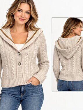 Bob Timberlake Hooded Cable Knit Sweater Lambswool Angora Blend Oatmeal Beige L